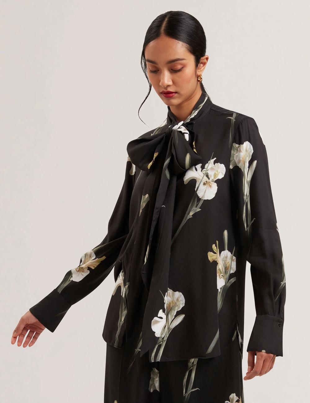 Black Ted Baker ZAKIIER - Neck Floral Print Long Sleeve Women Blouses | SG  0321-ZMQBR