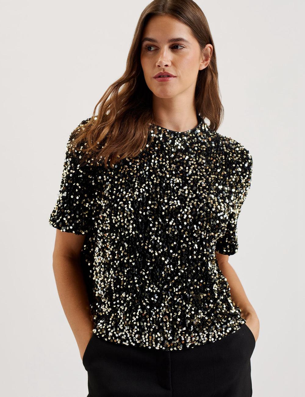 Black Ted Baker ZARHAAA - Sequined Velvet Short Sleeve Top Women Casual Shirts | SG  0873-MBUGR