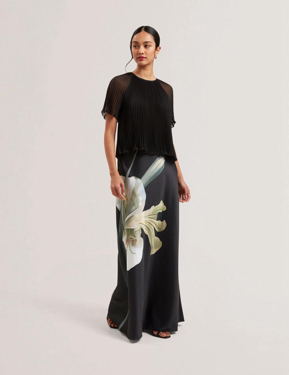 Black Ted Baker ZIONNA - Floral Print Detail Satin Women Maxi Skirts | SG  4960-MXJND