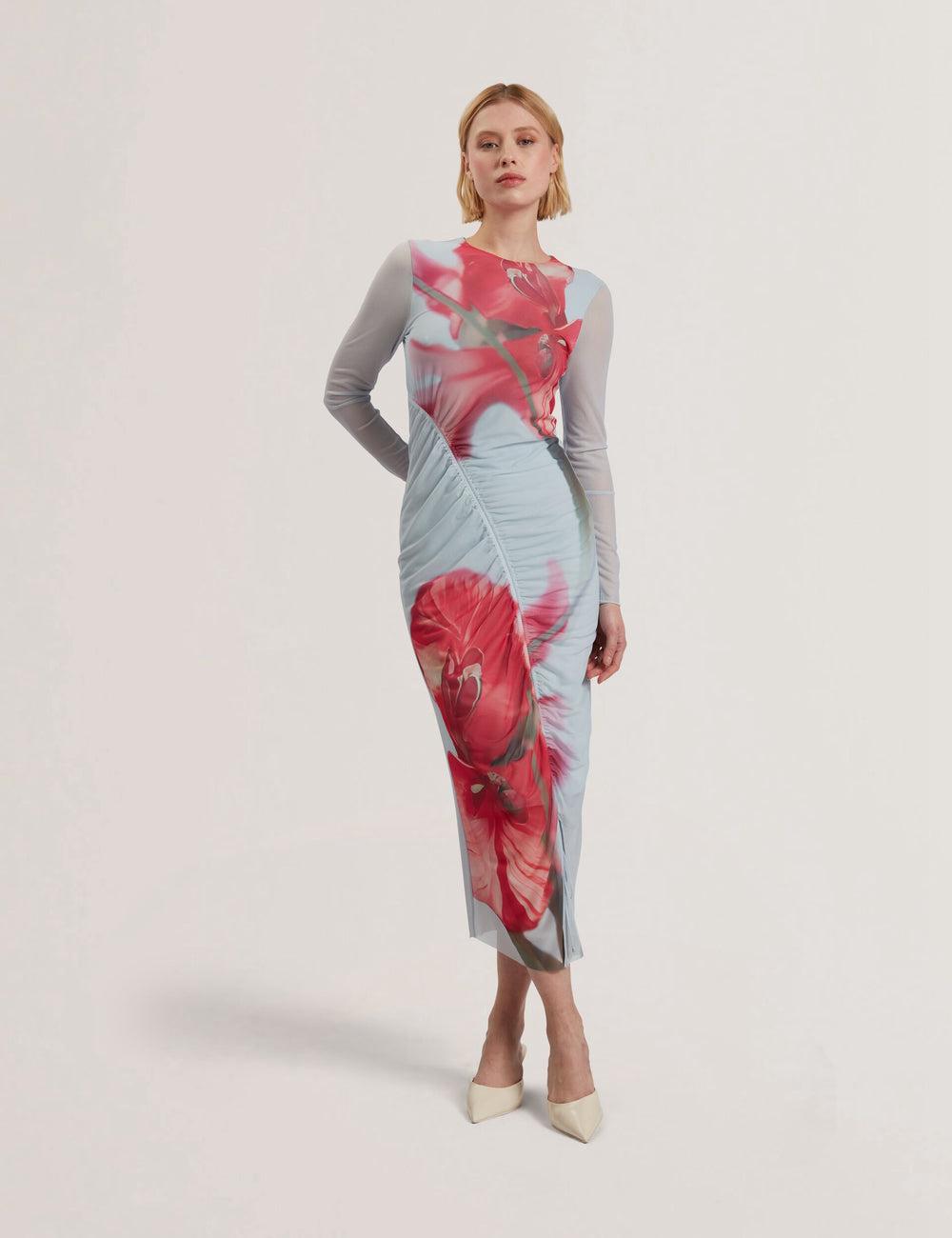 Blue Ted Baker BOXNINE - Printed Mesh Gathering Bodycon Women Midi Dresses | SG  1237-REMPL