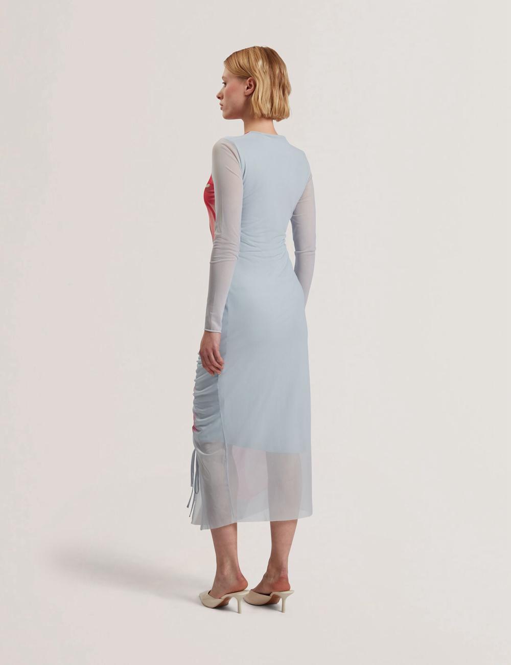 Blue Ted Baker BOXNINE - Printed Mesh Gathering Bodycon Women Midi Dresses | SG  1237-REMPL