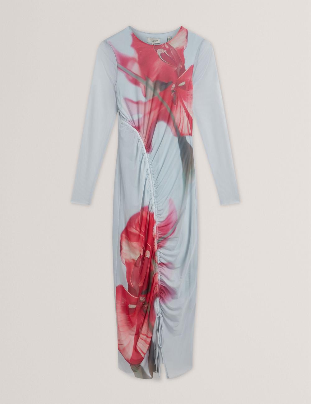 Blue Ted Baker BOXNINE - Printed Mesh Gathering Bodycon Women Midi Dresses | SG  1237-REMPL