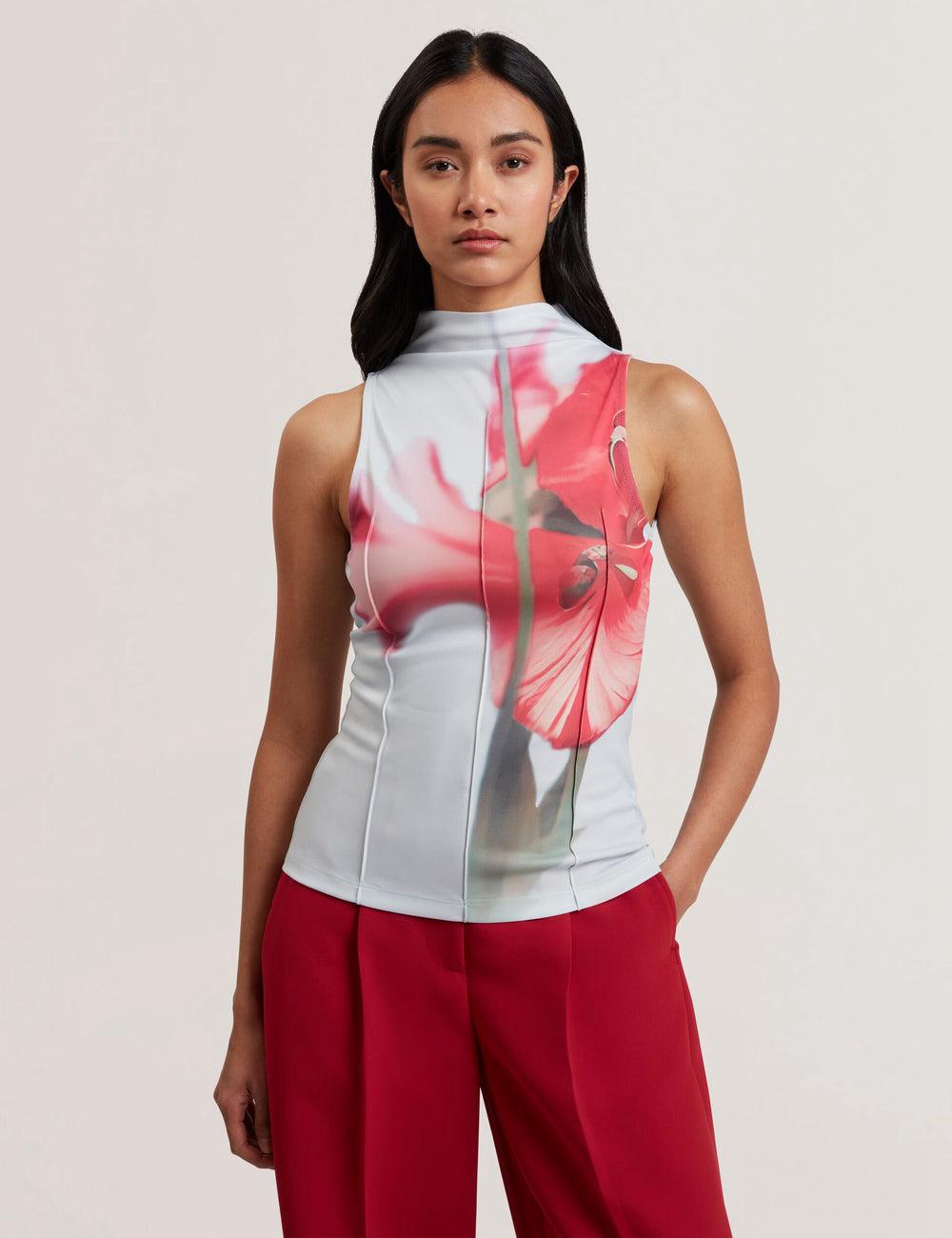 Blue Ted Baker HARPLNN - Floral High Neck Jersey Women Tank Tops | SG  6517-PMXND