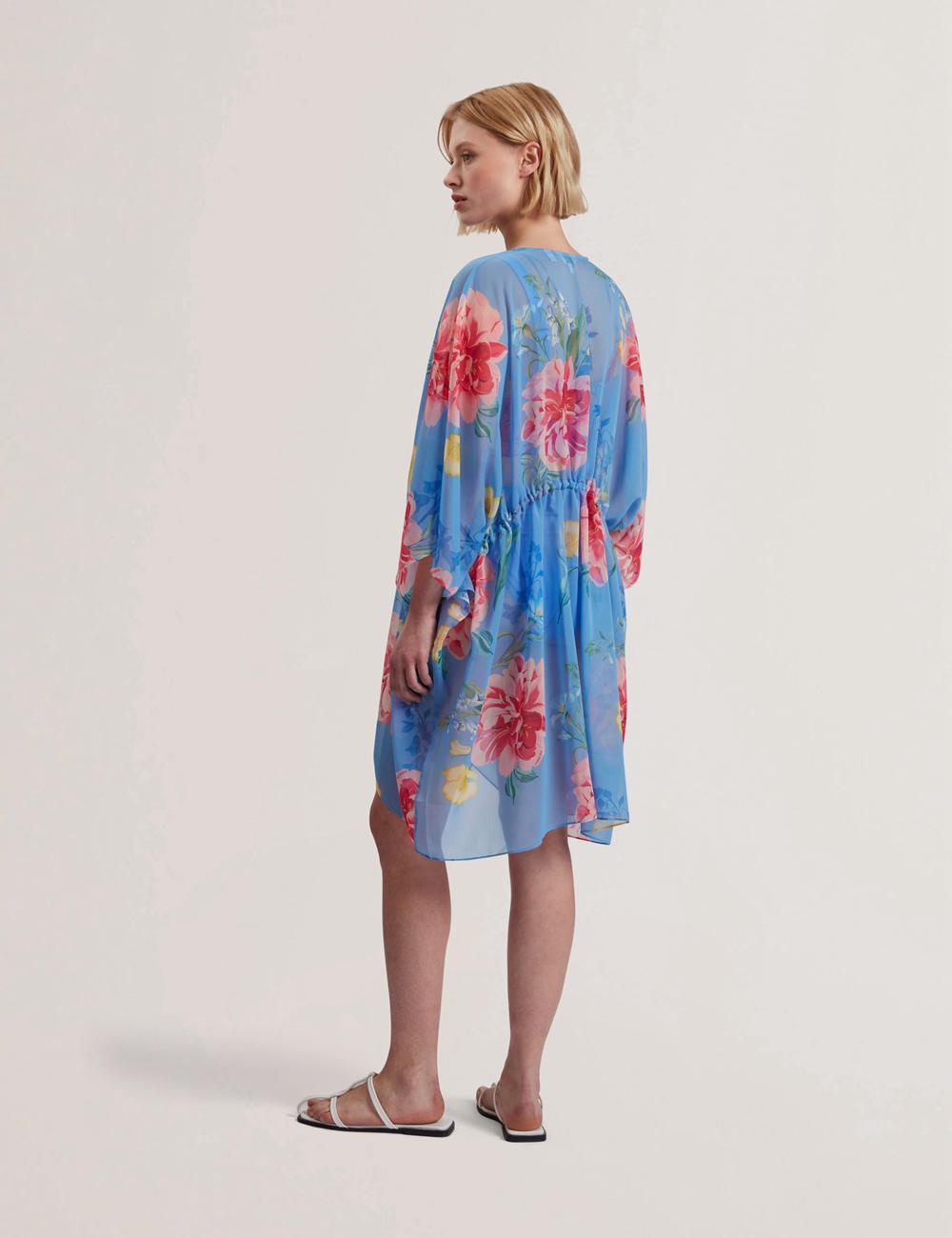 Blue Ted Baker LARJA - Floral Print Chiffon Mini Beach Kaftan Women Cover Ups | SG  2597-FKSME