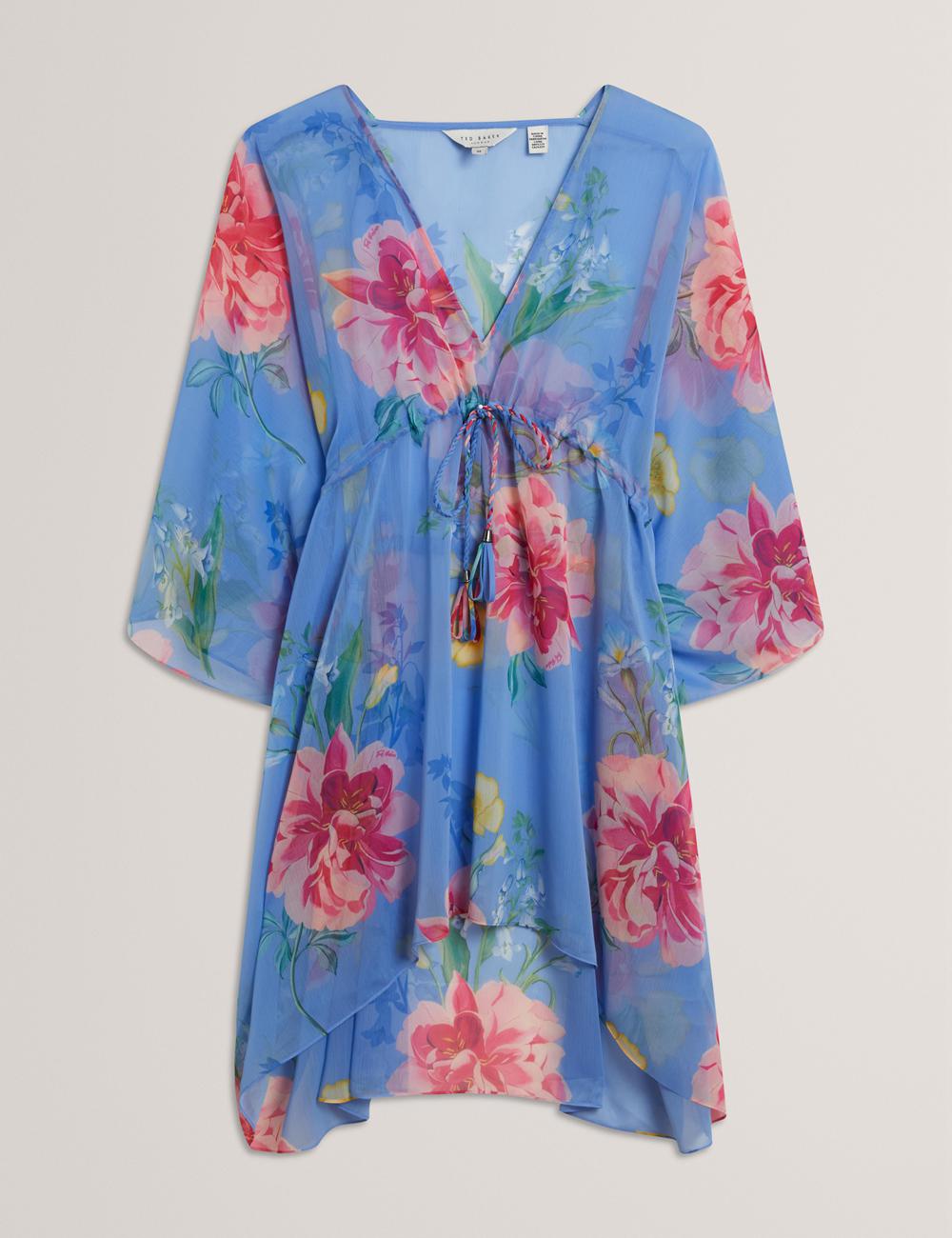 Blue Ted Baker LARJA - Floral Print Chiffon Mini Beach Kaftan Women Cover Ups | SG  2597-FKSME