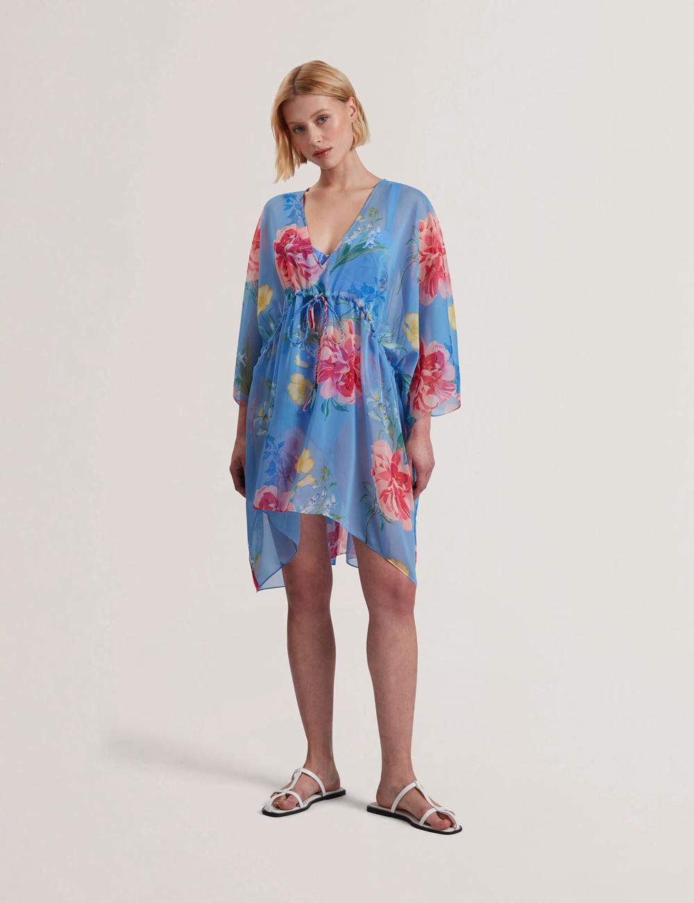 Blue Ted Baker LARJA - Floral Print Chiffon Mini Beach Kaftan Women Cover Ups | SG  2597-FKSME