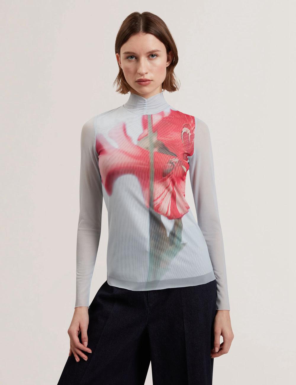 Blue Ted Baker PIPYA - Floral High Neck Long Sleeve Mesh Women Tops | SG  0746-YJWRP