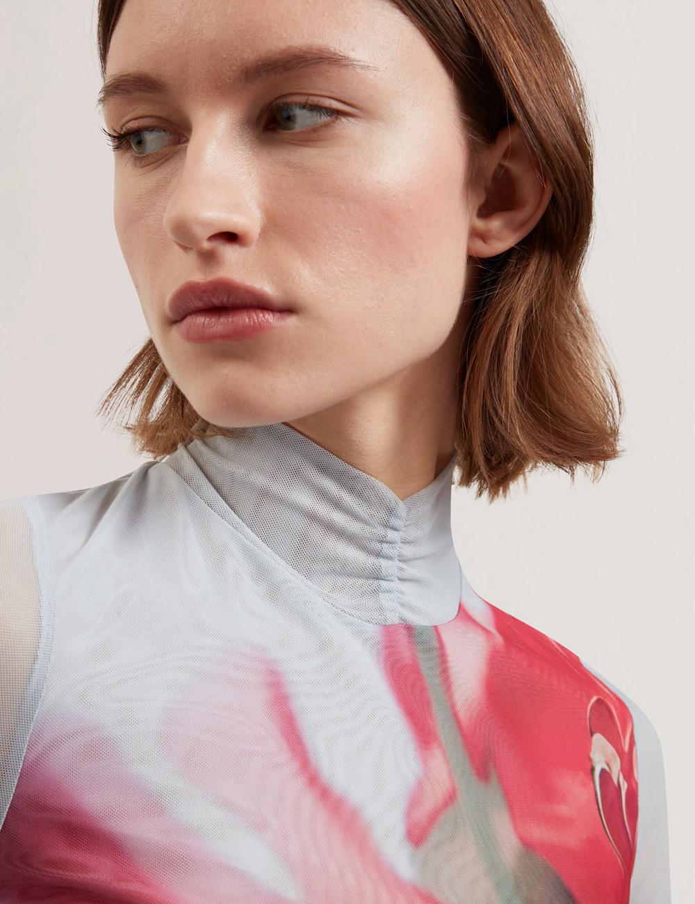 Blue Ted Baker PIPYA - Floral High Neck Long Sleeve Mesh Women Tops | SG  0746-YJWRP