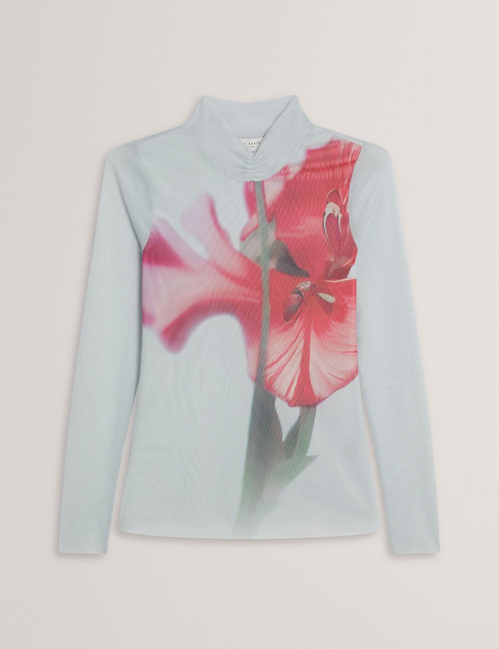 Blue Ted Baker PIPYA - Floral High Neck Long Sleeve Mesh Women Tops | SG  0746-YJWRP