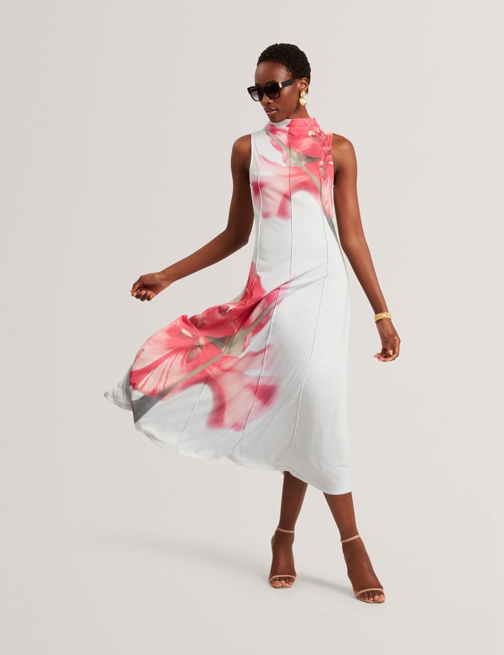 Blue Ted Baker REBEHKA - High Neck Printed Jersey Women Midi Dresses | SG  5809-YJTBR