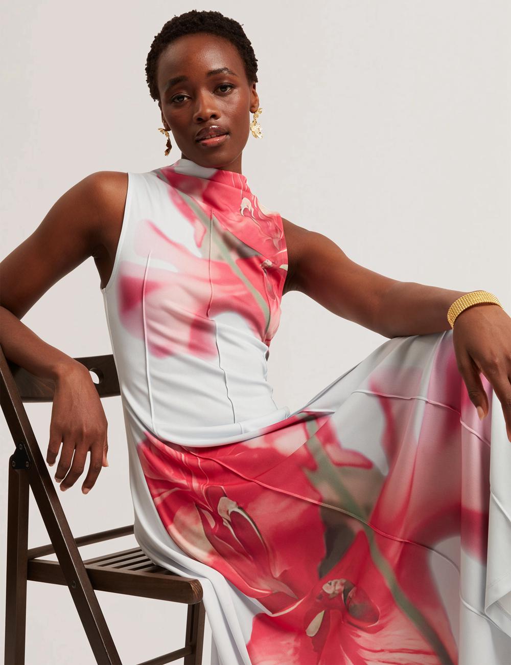 Blue Ted Baker REBEHKA - High Neck Printed Jersey Women Midi Dresses | SG  5809-YJTBR