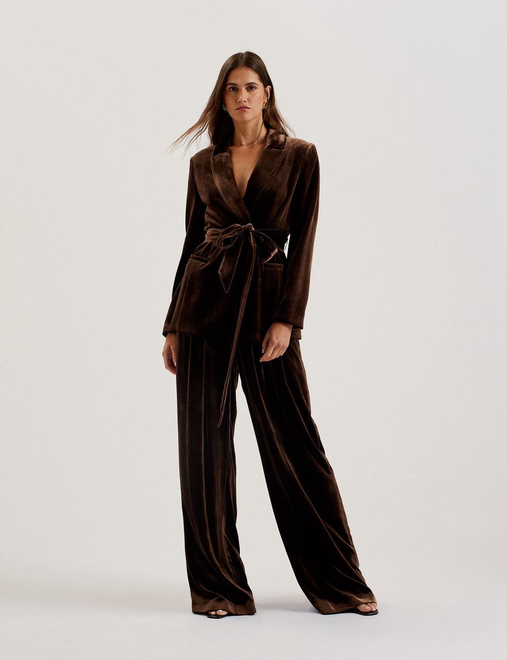 Brown Ted Baker MOMIJIT - Velvet Pleated Wide Leg Women Trousers | SG  4387-WYKGU