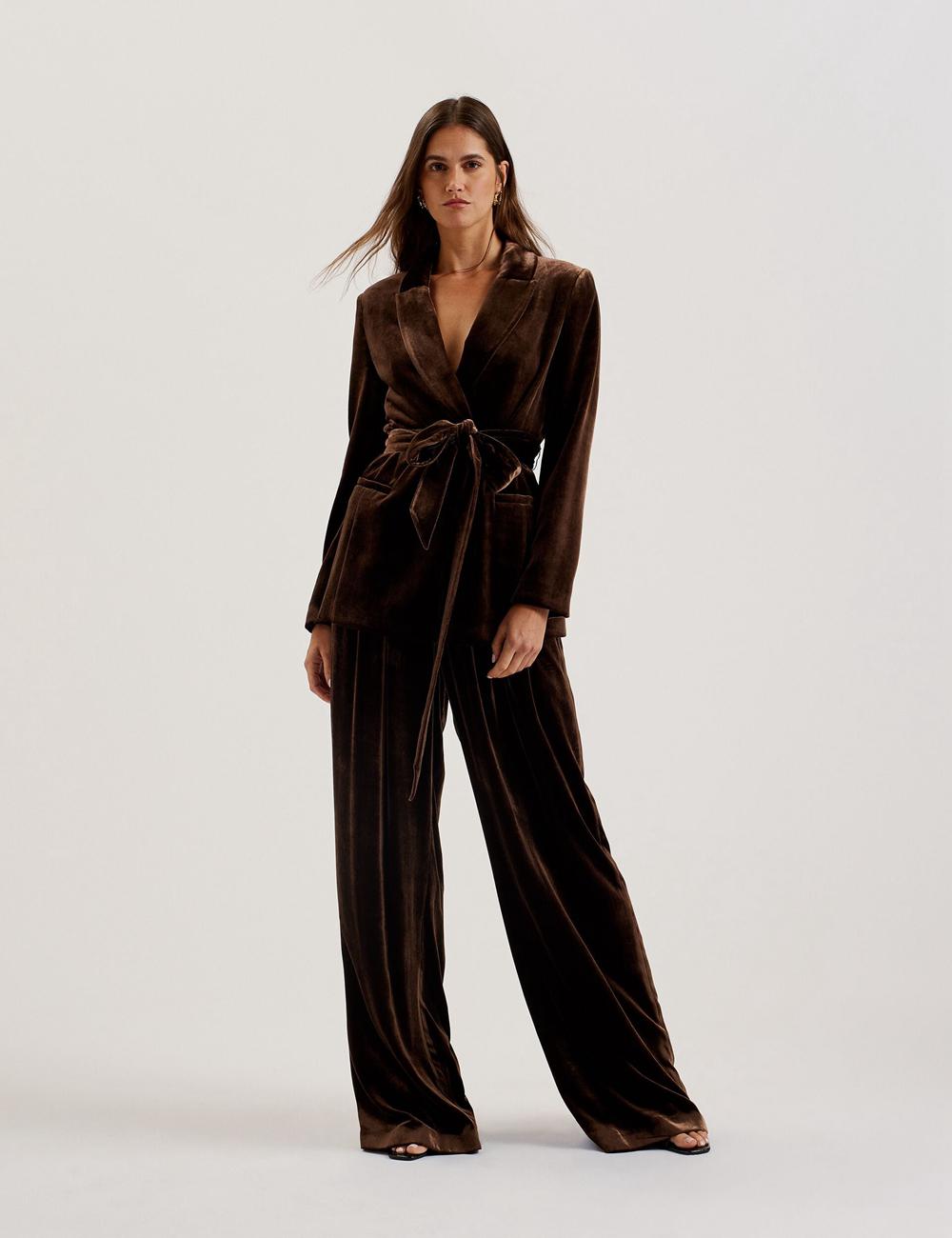 Brown Ted Baker MOMIJIT - Velvet Pleated Wide Leg Women Trousers | SG  4387-WYKGU
