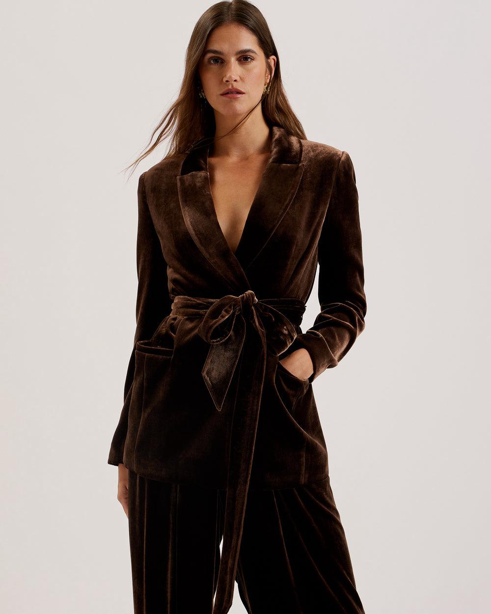 Brown Ted Baker MOMIJI - Velvet Waist Single Breasted Women Blazers | SG  0362-MUNIT