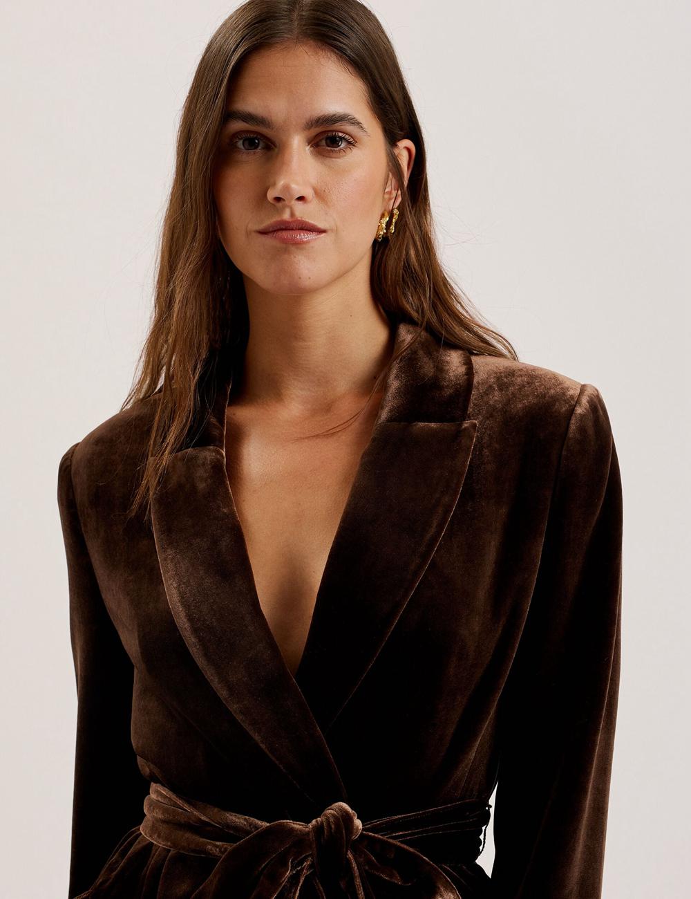 Brown Ted Baker MOMIJI - Velvet Waist Single Breasted Women Blazers | SG  0362-MUNIT