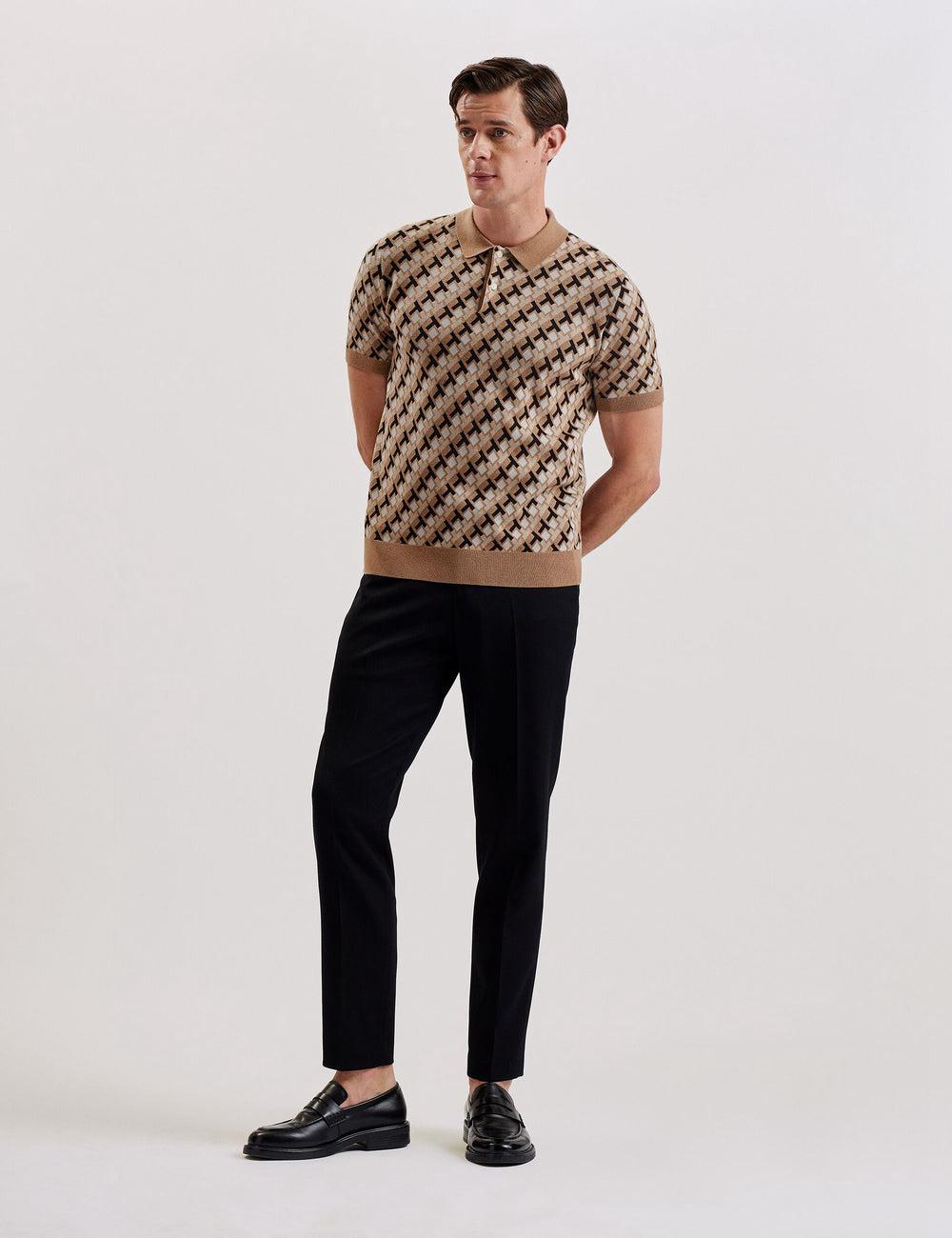 Brown Ted Baker SEFERRY - Interlocking T Jacquard Knitted Men Polos Shirts | SG  4382-RBFUW