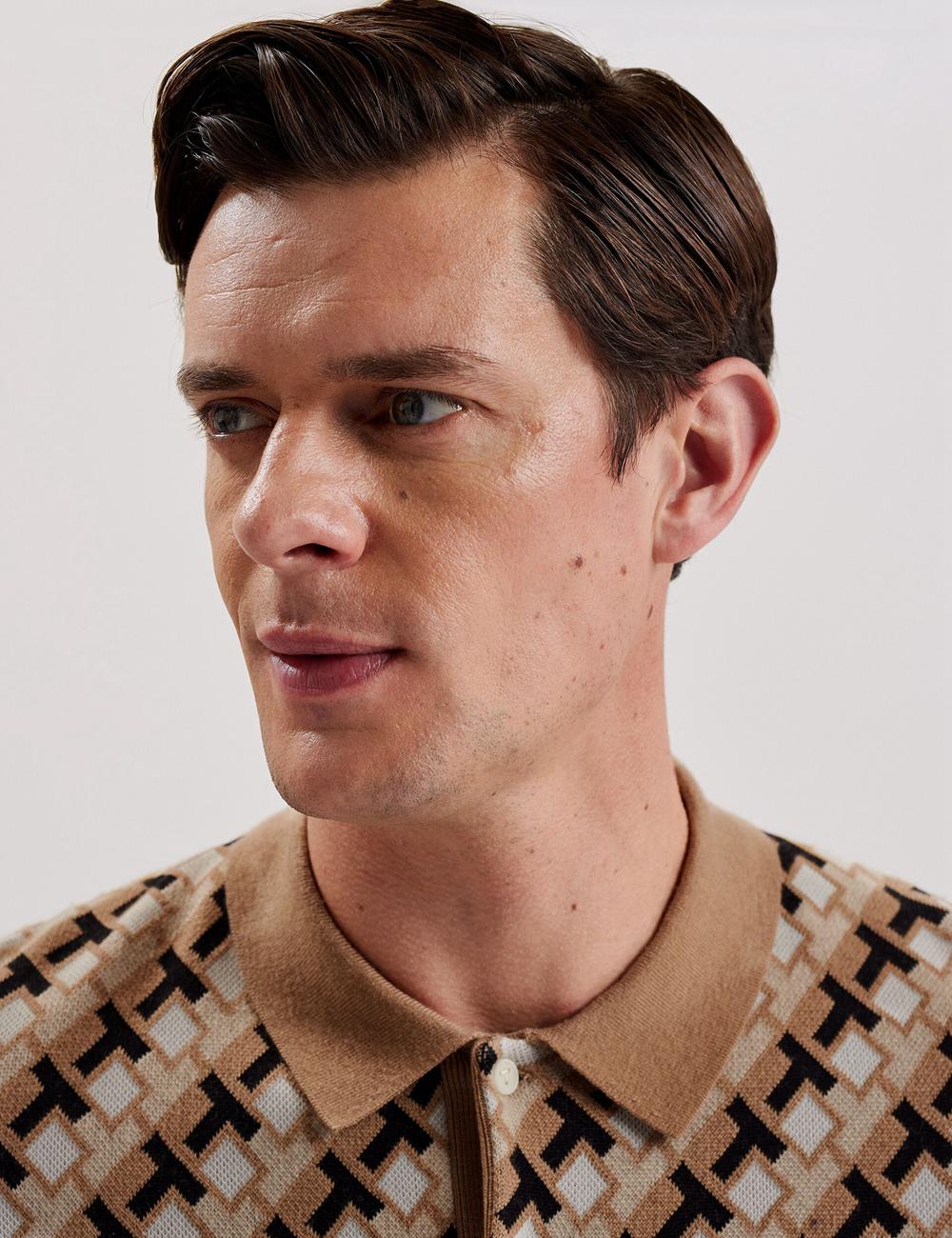 Brown Ted Baker SEFERRY - Interlocking T Jacquard Knitted Men Polos Shirts | SG  4382-RBFUW