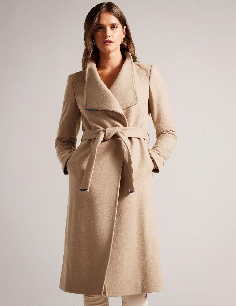 Camel Ted Baker ROSE - Midi Length Belted Wool Wrap Coat Women Jackets | SG  9648-AUOTI