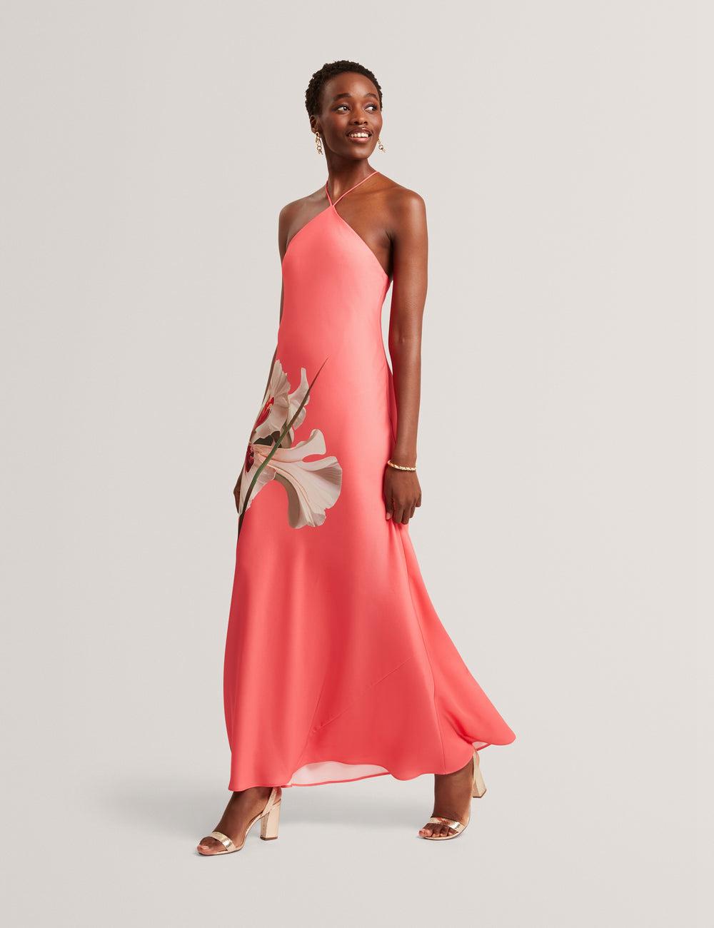 Coral Ted Baker AJIMA - Floral Graphic Halter Neck Satin Women Maxi Dresses | SG  4901-WACRY