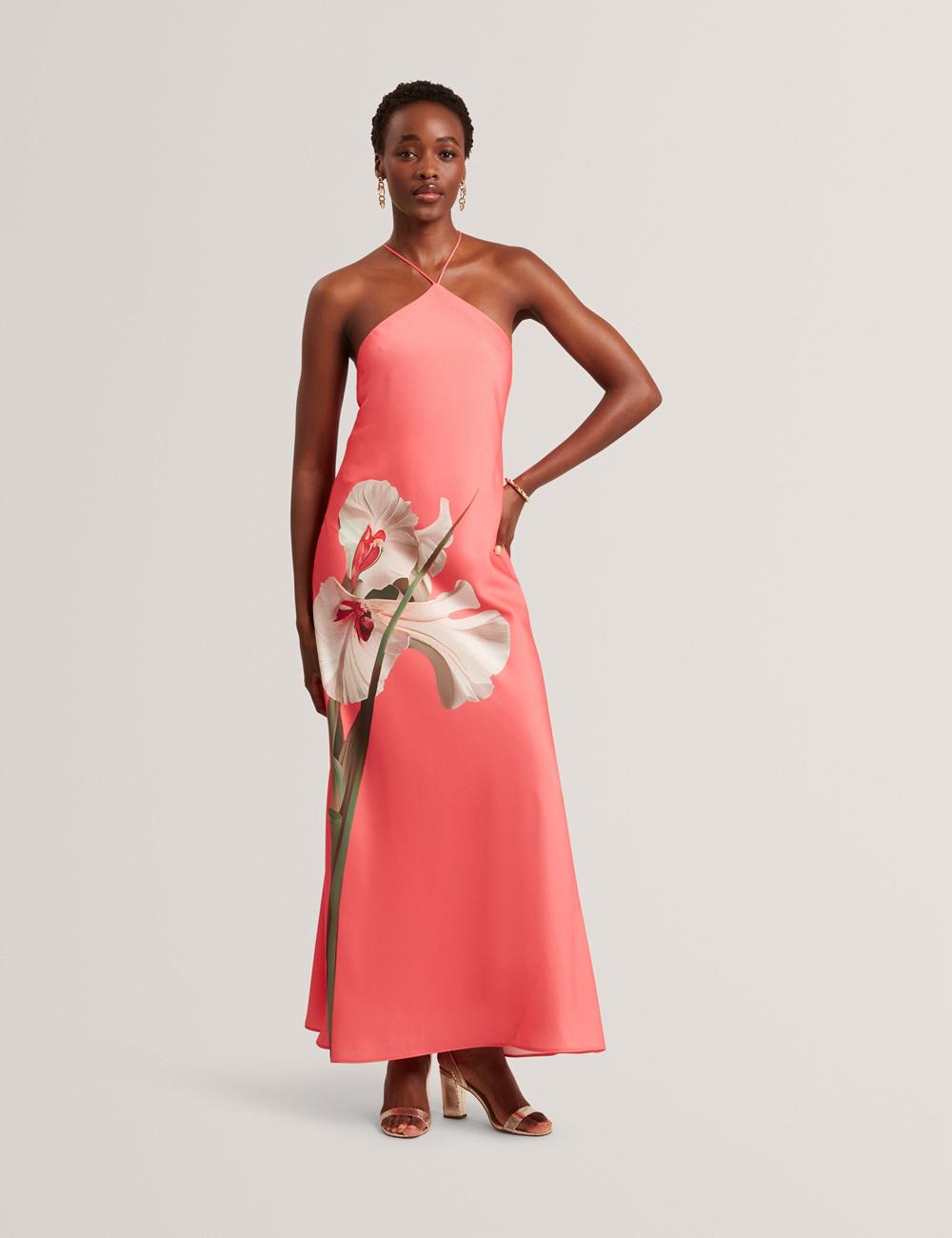 Coral Ted Baker AJIMA - Floral Graphic Halter Neck Satin Women Maxi Dresses | SG  4901-WACRY