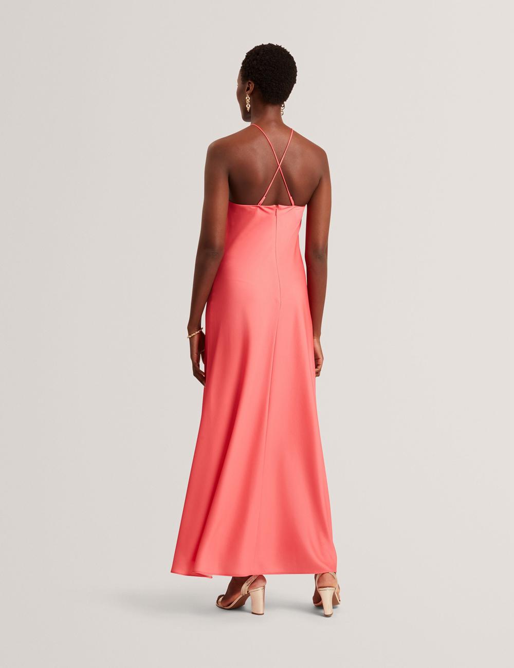 Coral Ted Baker AJIMA - Floral Graphic Halter Neck Satin Women Maxi Dresses | SG  4901-WACRY