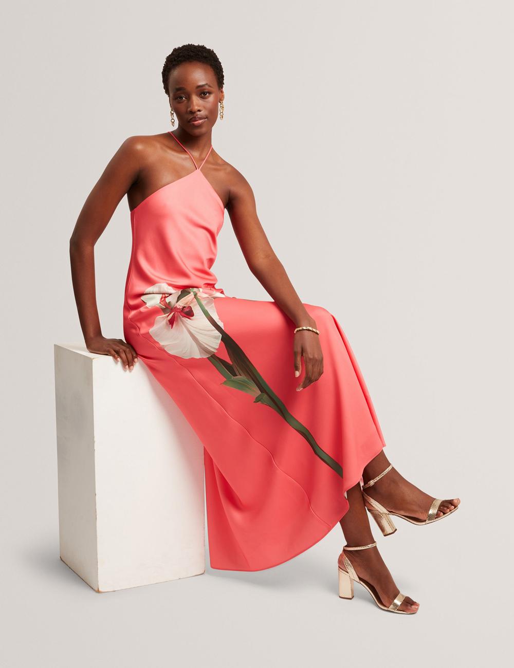 Coral Ted Baker AJIMA - Floral Graphic Halter Neck Satin Women Maxi Dresses | SG  4901-WACRY