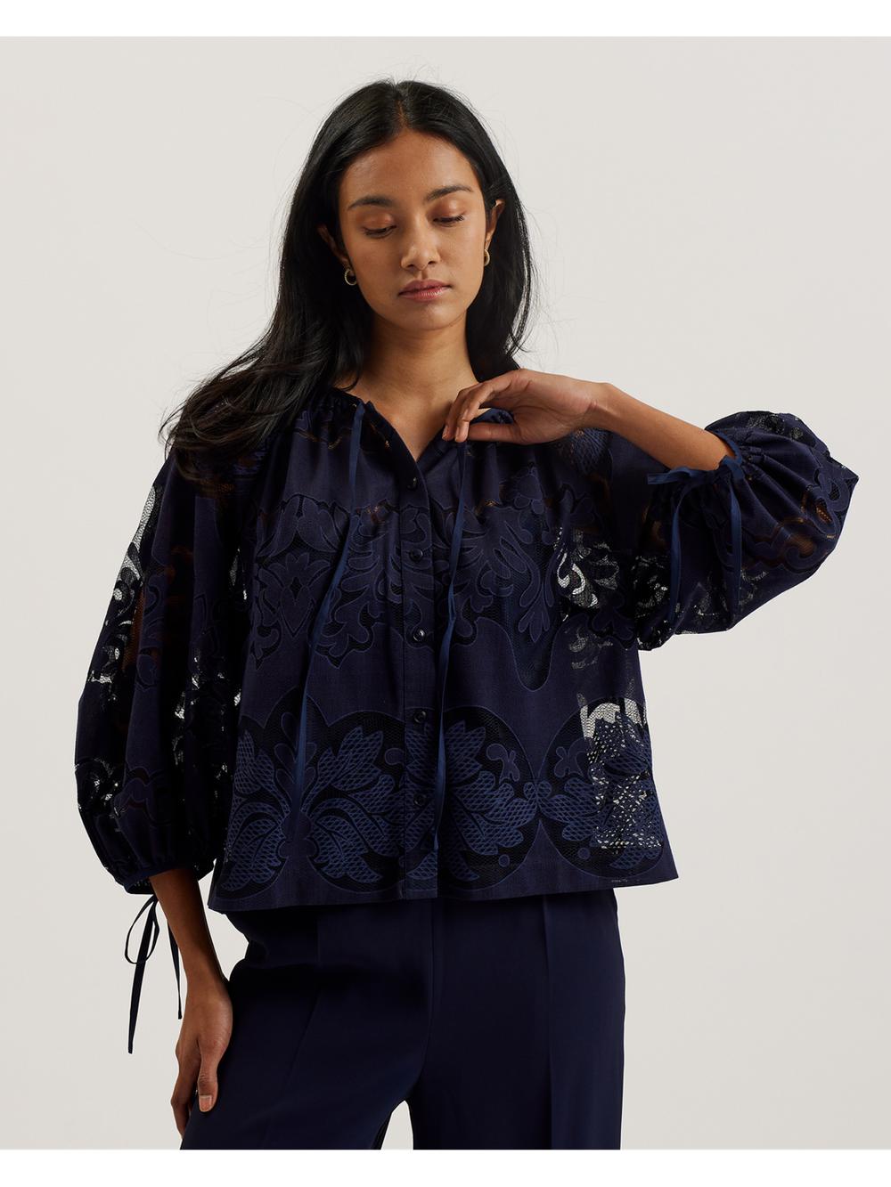 Dk-Blue Ted Baker BACINA - Lace 3/4 Balloon Sleeve Women Blouses | SG  3250-LEXPC
