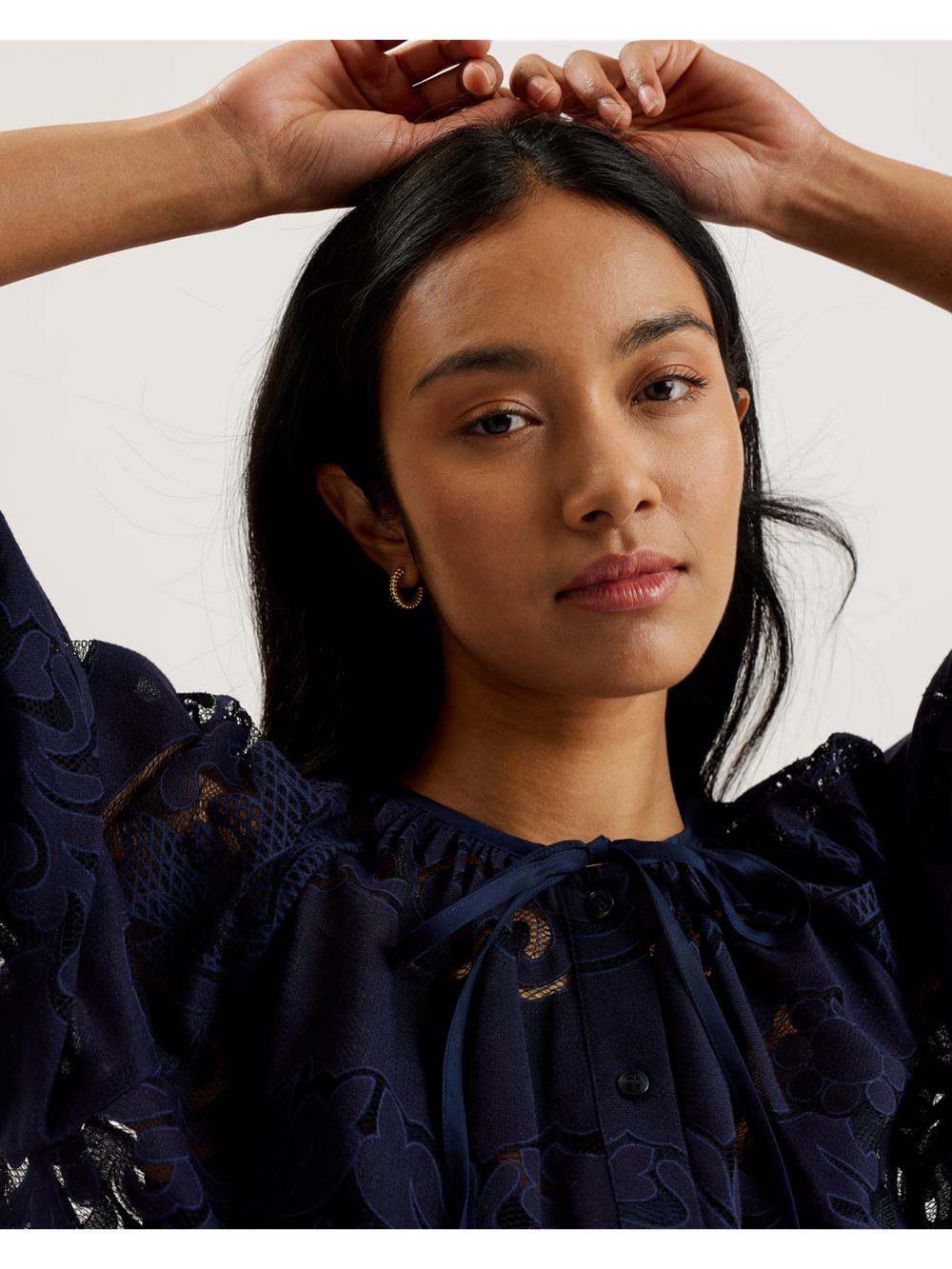 Dk-Blue Ted Baker BACINA - Lace 3/4 Balloon Sleeve Women Blouses | SG  3250-LEXPC