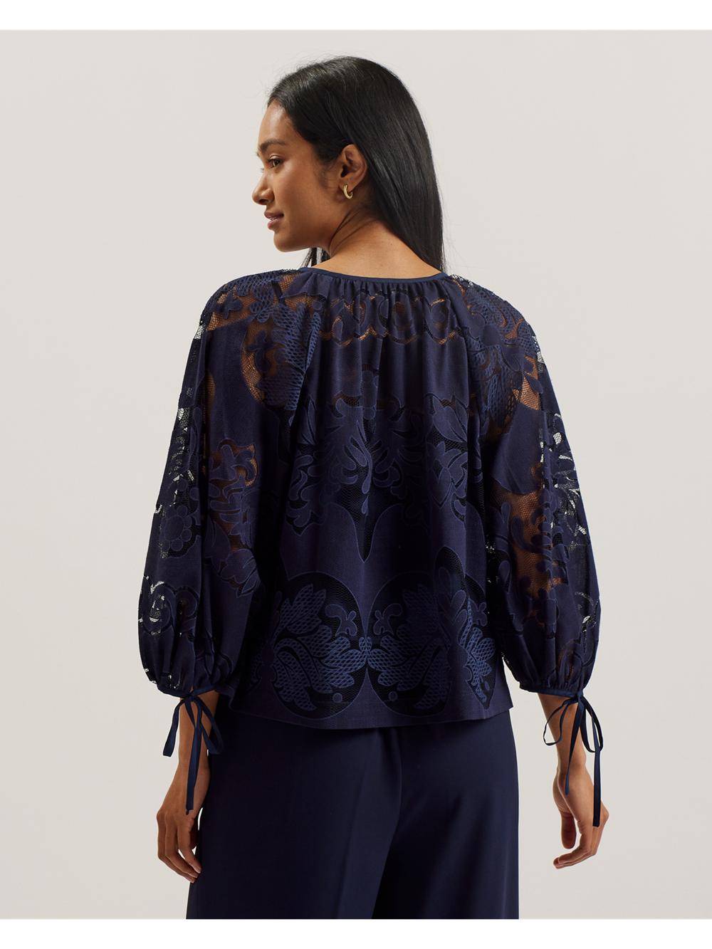 Dk-Blue Ted Baker BACINA - Lace 3/4 Balloon Sleeve Women Blouses | SG  3250-LEXPC