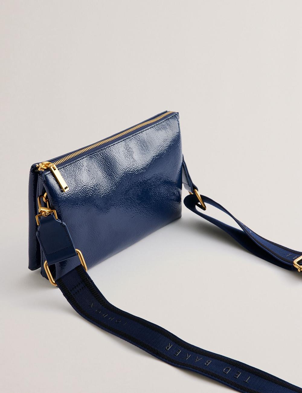 Dk-Blue Ted Baker ESILLE - Branded Webbing Patent Leather Women Crossbody Bags | SG  5869-NABPX