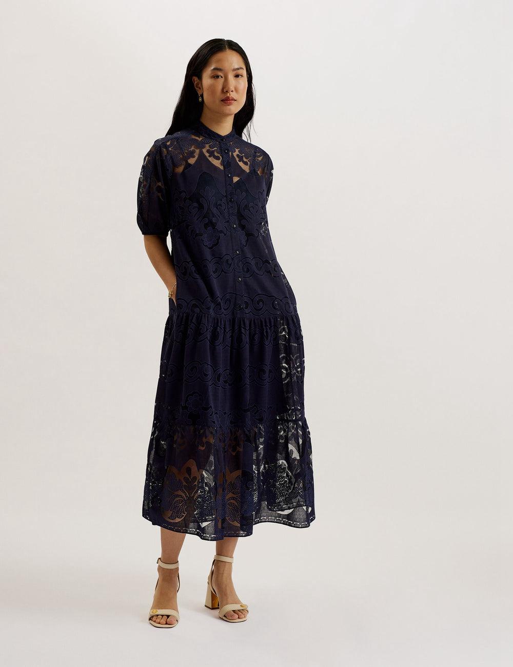 Dk-Blue Ted Baker XATIVA - Lace Puff Sleeve Midi Shift Women Midi Dresses | SG  3267-XINAB