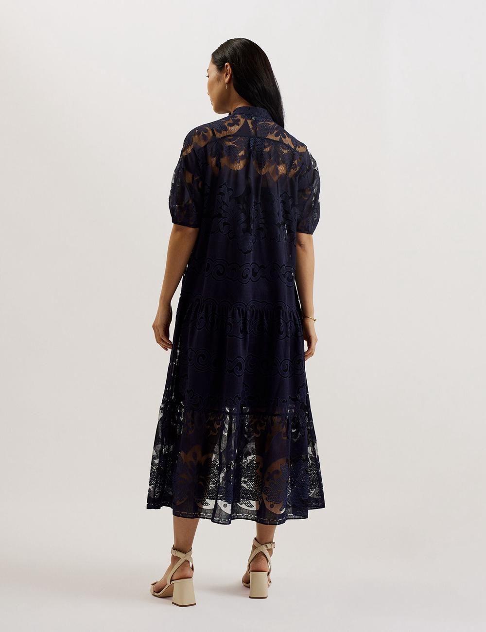 Dk-Blue Ted Baker XATIVA - Lace Puff Sleeve Midi Shift Women Midi Dresses | SG  3267-XINAB