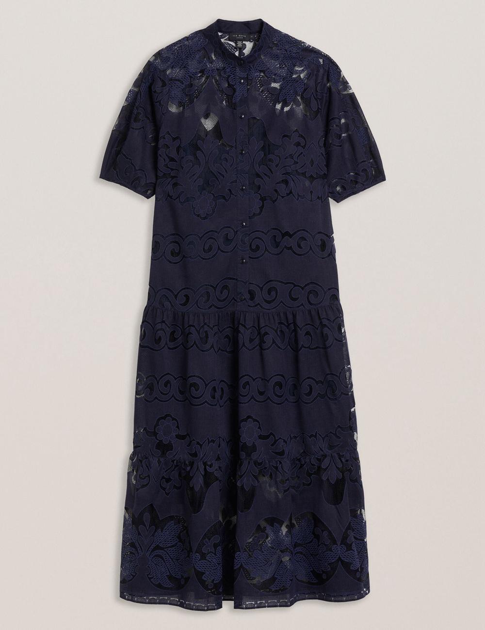 Dk-Blue Ted Baker XATIVA - Lace Puff Sleeve Midi Shift Women Midi Dresses | SG  3267-XINAB