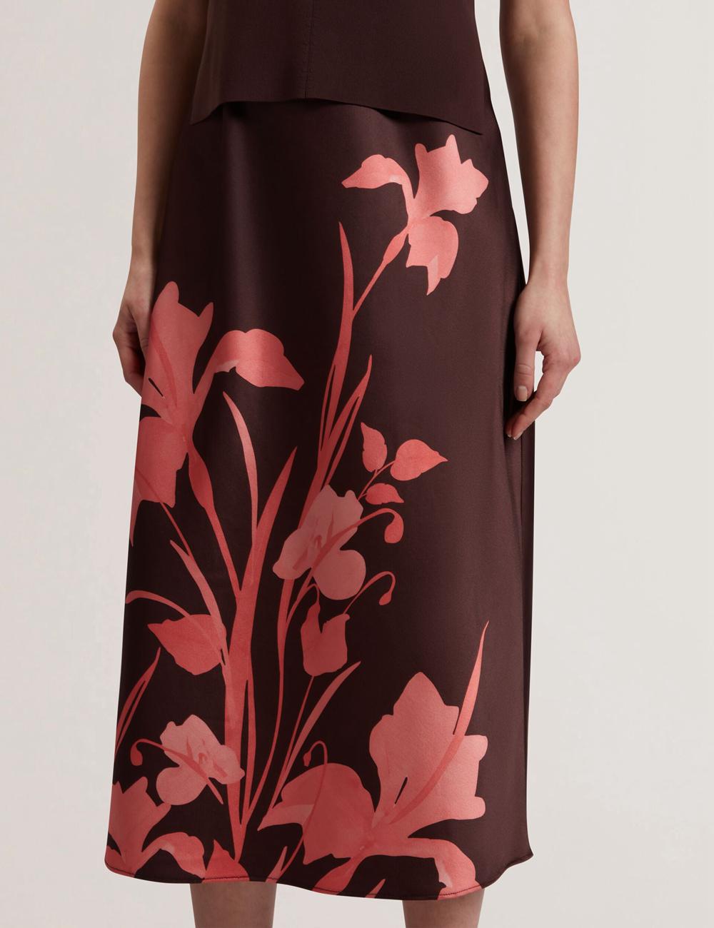 Dk-Brown Ted Baker LATTENA - Printed Satin With Removable Tank Women Midi Dresses | SG  3185-CXJPF