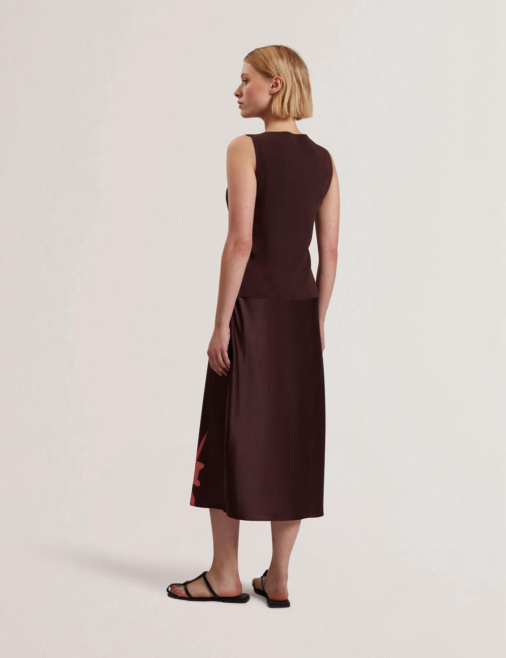 Dk-Brown Ted Baker LATTENA - Printed Satin With Removable Tank Women Midi Dresses | SG  3185-CXJPF