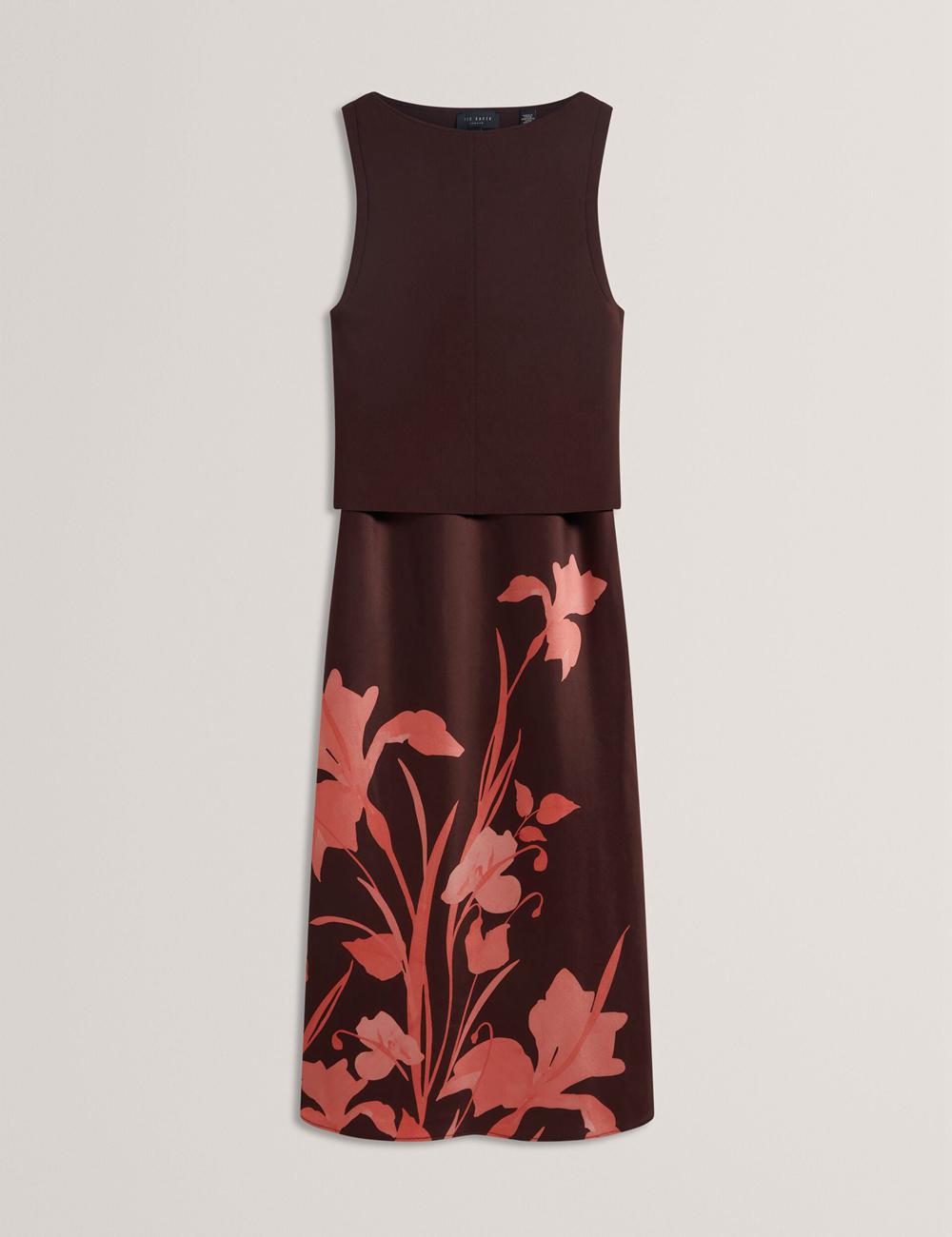 Dk-Brown Ted Baker LATTENA - Printed Satin With Removable Tank Women Midi Dresses | SG  3185-CXJPF