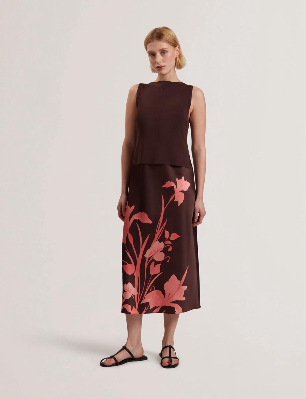 Dk-Brown Ted Baker LATTENA - Printed Satin With Removable Tank Women Midi Dresses | SG  3185-CXJPF