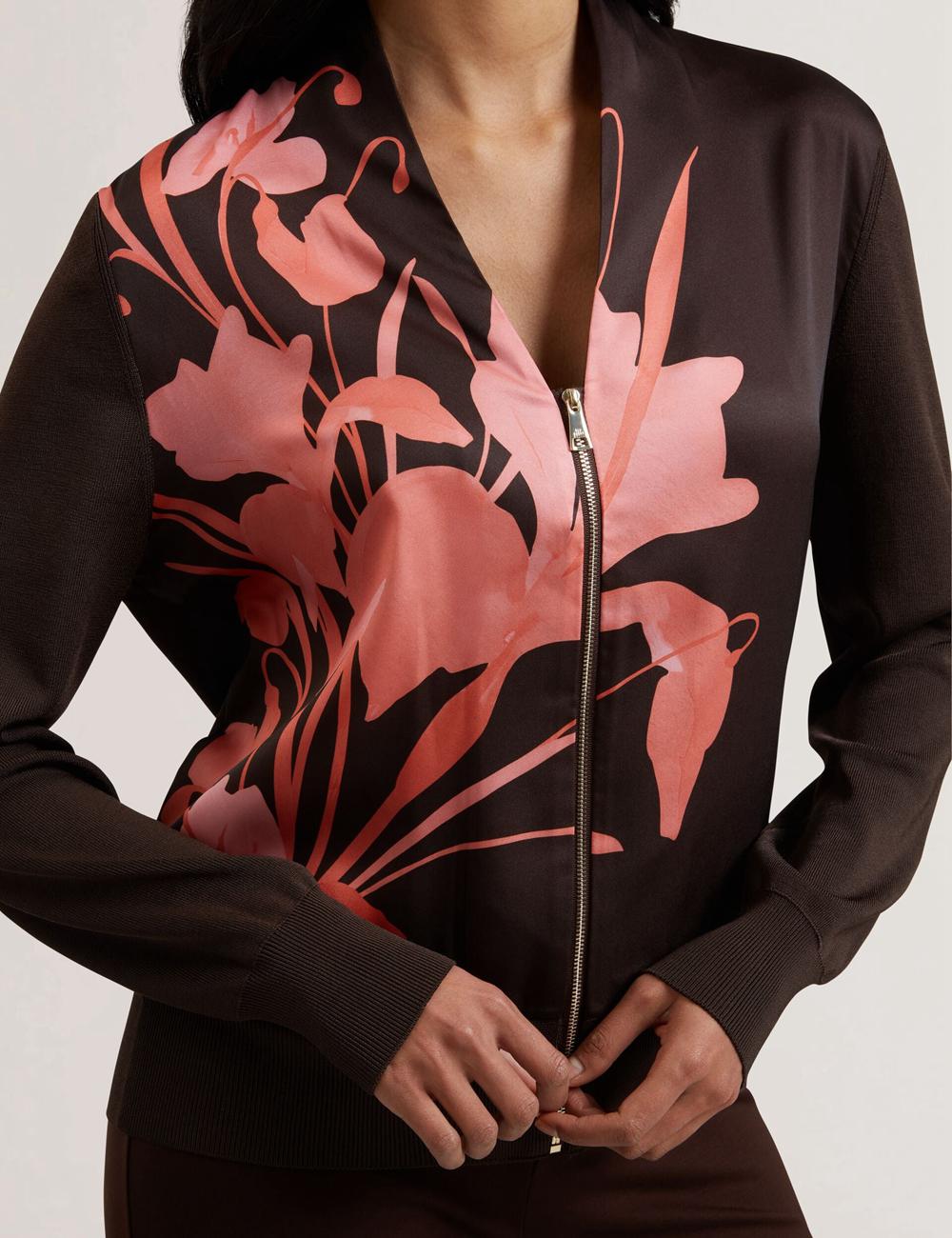 Dk-Brown Ted Baker MATIINA - Printed Front Zip-Up Bomber Women Cardigans | SG  9530-NZOIU