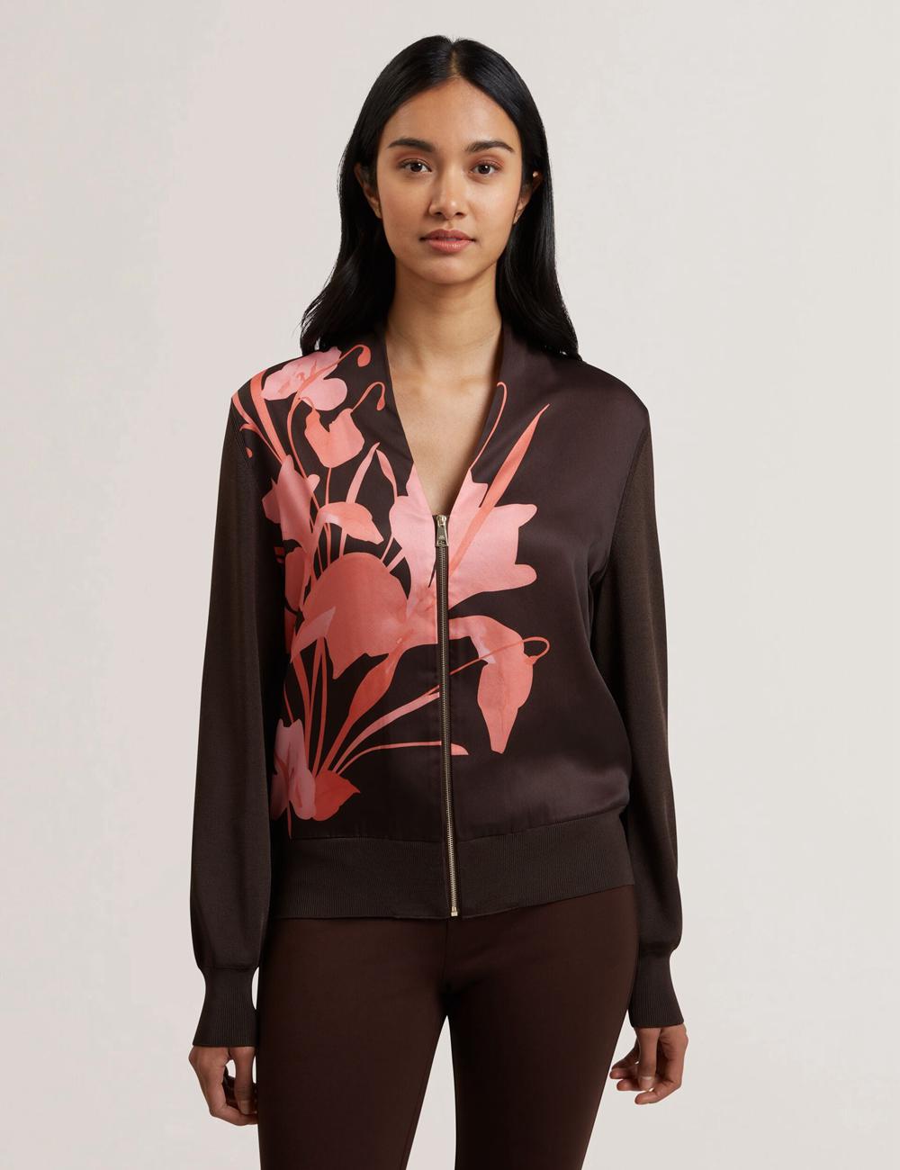 Dk-Brown Ted Baker MATIINA - Printed Front Zip-Up Bomber Women Cardigans | SG  9530-NZOIU