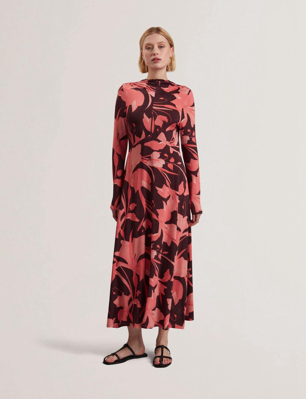 Dk-Brown Ted Baker STARLAH - Slinky Printed Jersey Long Sleeve Women Midi Dresses | SG  0743-OUABI