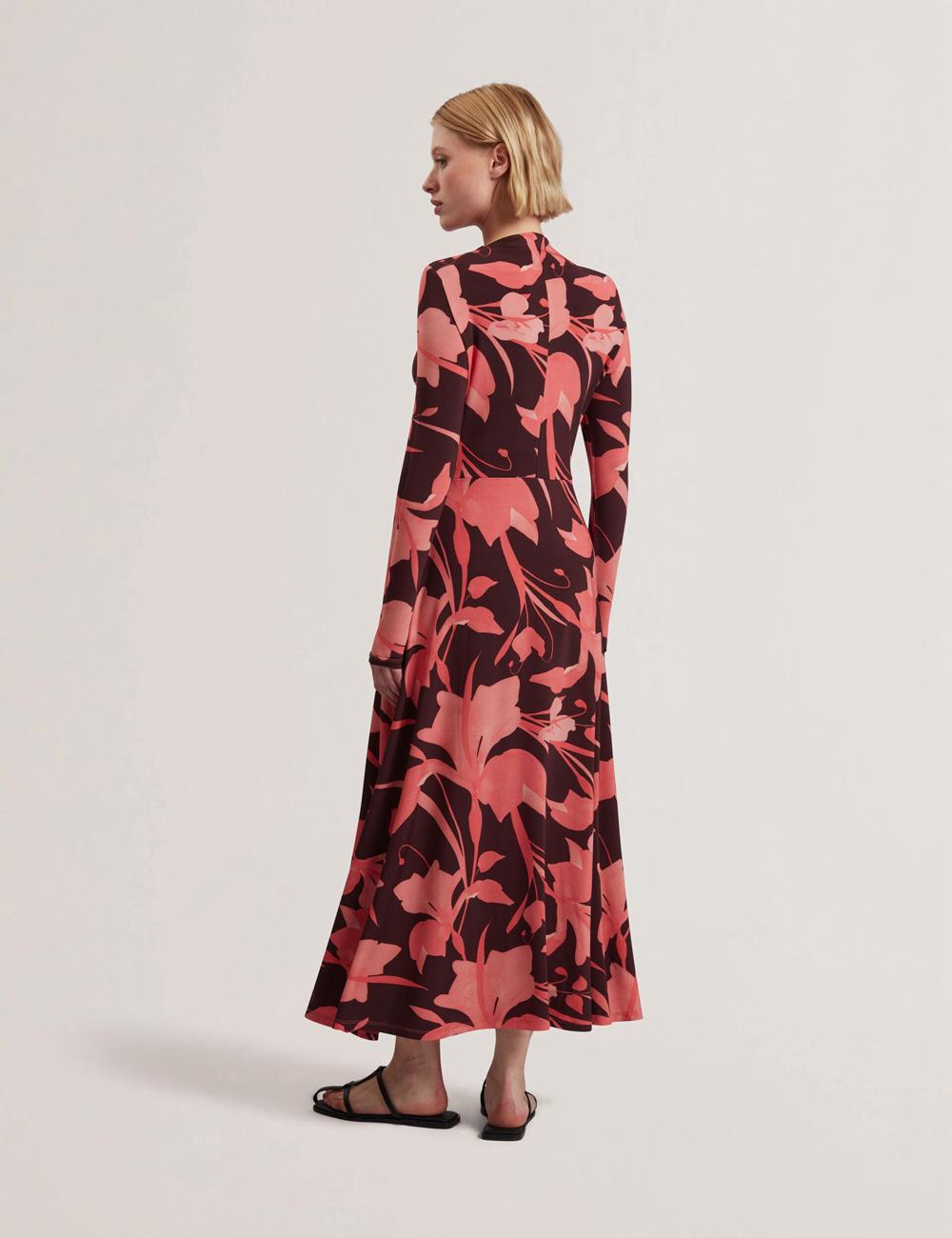 Dk-Brown Ted Baker STARLAH - Slinky Printed Jersey Long Sleeve Women Midi Dresses | SG  0743-OUABI