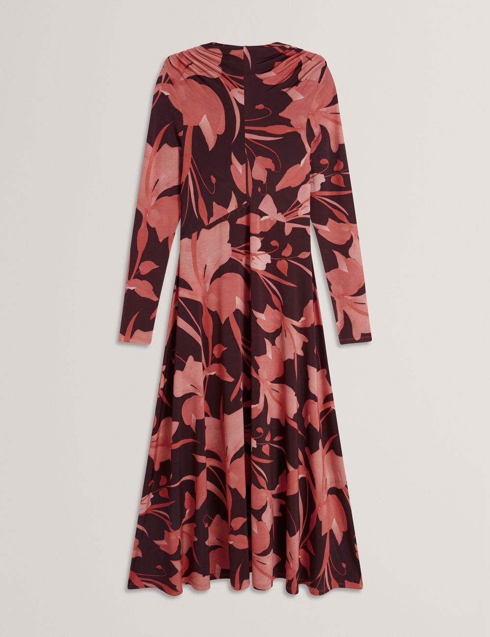 Dk-Brown Ted Baker STARLAH - Slinky Printed Jersey Long Sleeve Women Midi Dresses | SG  0743-OUABI