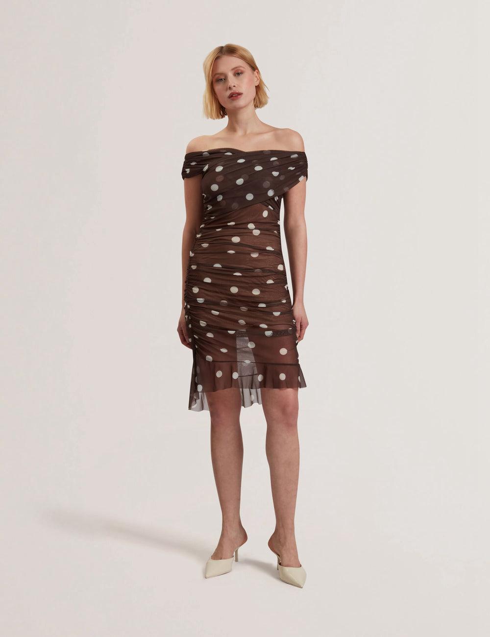 Dk-Brown Ted Baker TILDAHH - Off-Shoulder Polka Dot Mesh Women Mini Dresses | SG  1025-KVQRU
