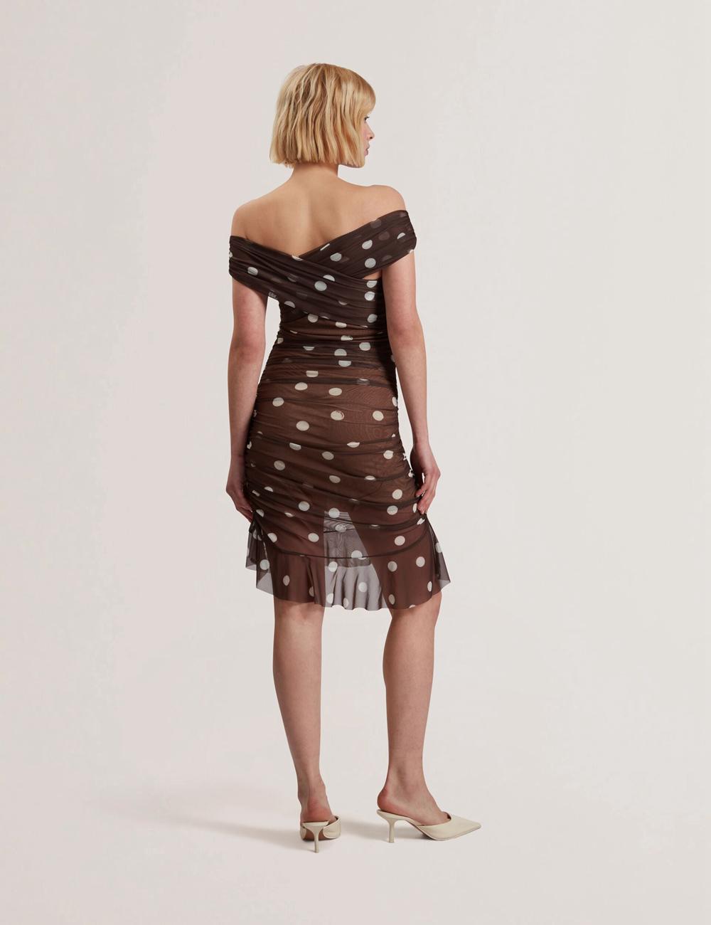 Dk-Brown Ted Baker TILDAHH - Off-Shoulder Polka Dot Mesh Women Mini Dresses | SG  1025-KVQRU