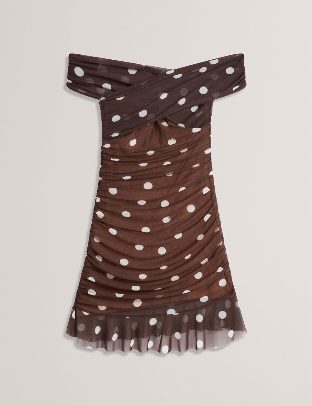 Dk-Brown Ted Baker TILDAHH - Off-Shoulder Polka Dot Mesh Women Mini Dresses | SG  1025-KVQRU