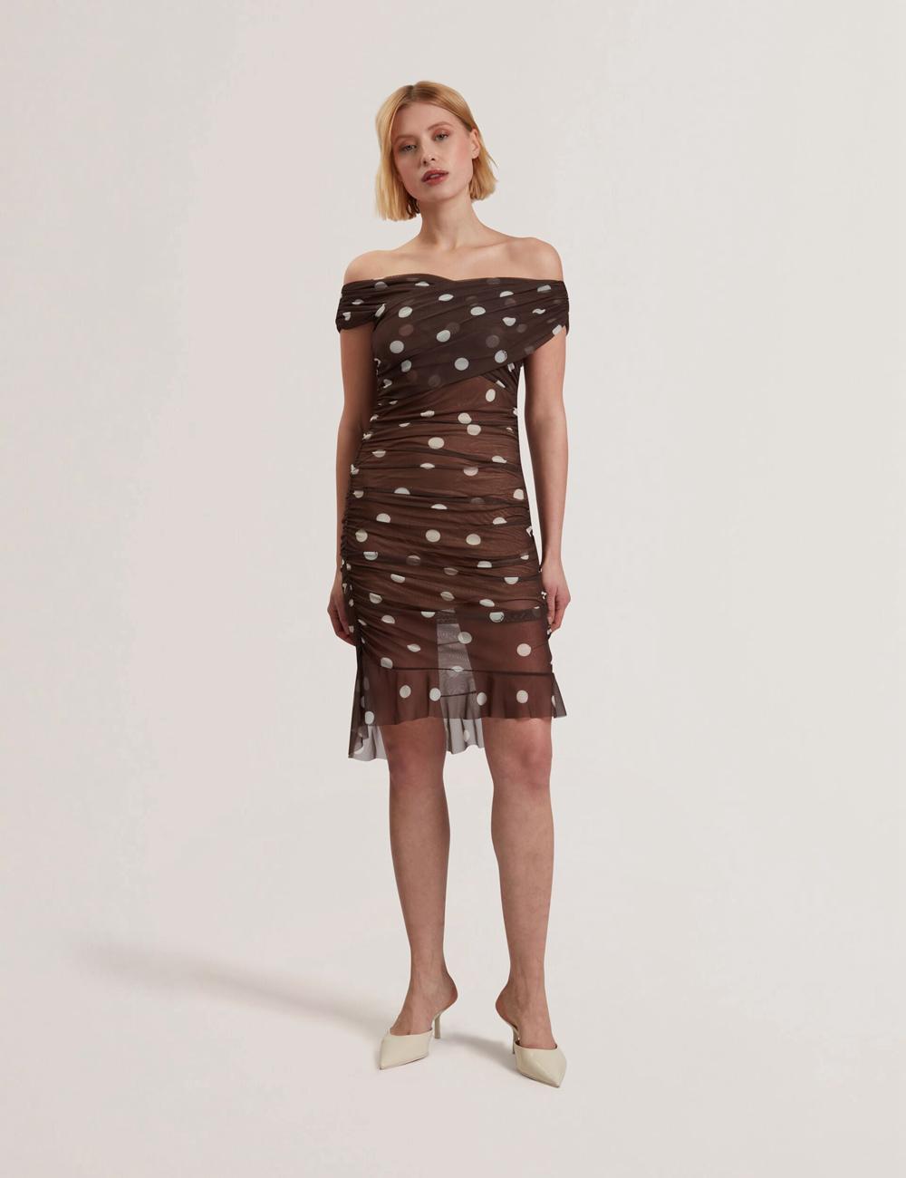 Dk-Brown Ted Baker TILDAHH - Off-Shoulder Polka Dot Mesh Women Mini Dresses | SG  1025-KVQRU