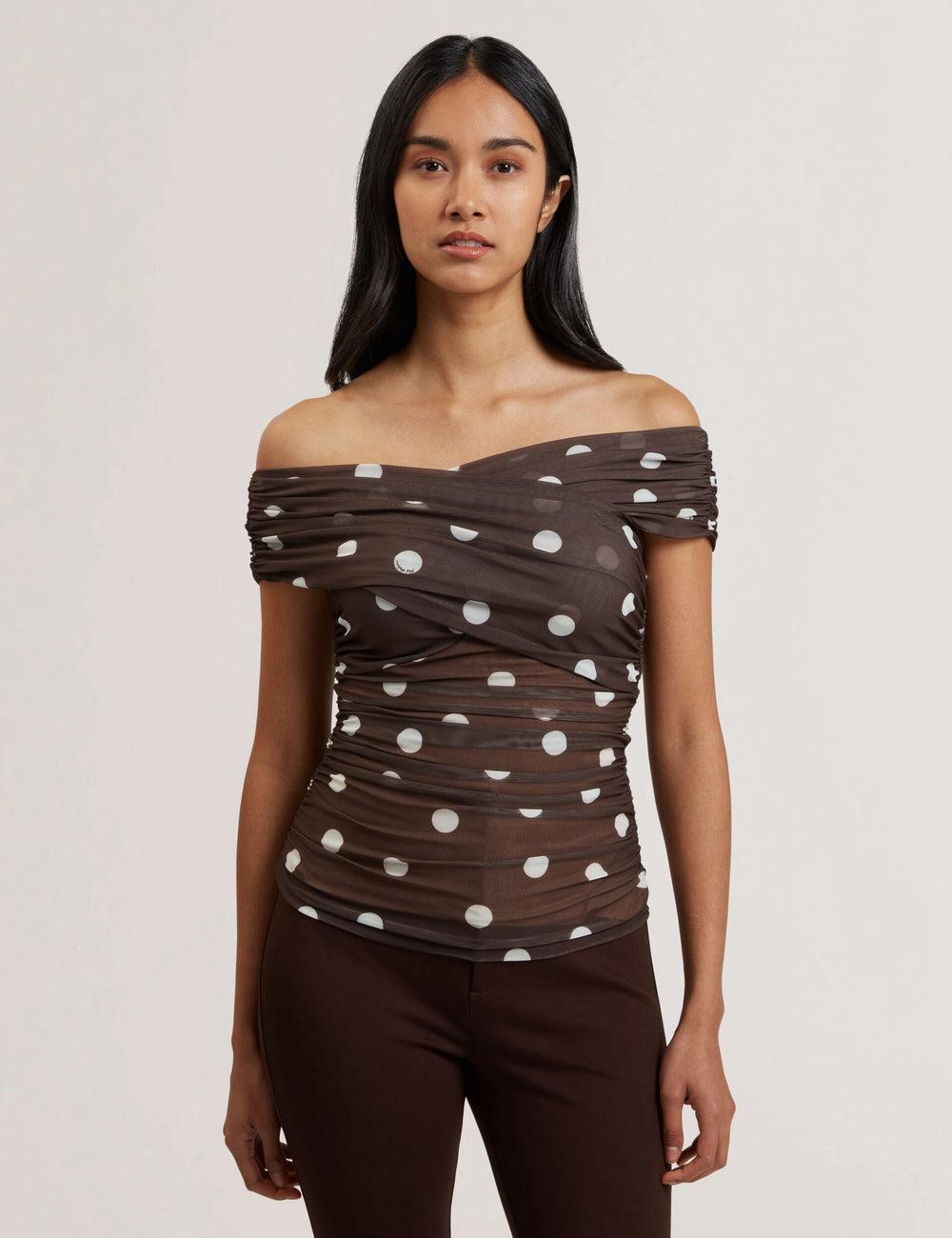 Dk-Brown Ted Baker ZAAMO - Off-the-Shoulder Polka Dot Mesh Women Tops | SG  1869-NCTKF