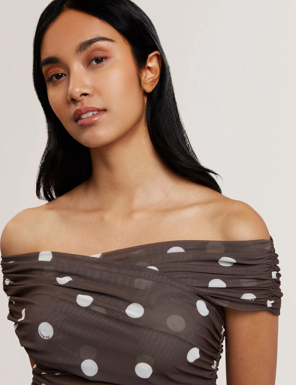 Dk-Brown Ted Baker ZAAMO - Off-the-Shoulder Polka Dot Mesh Women Tops | SG  1869-NCTKF
