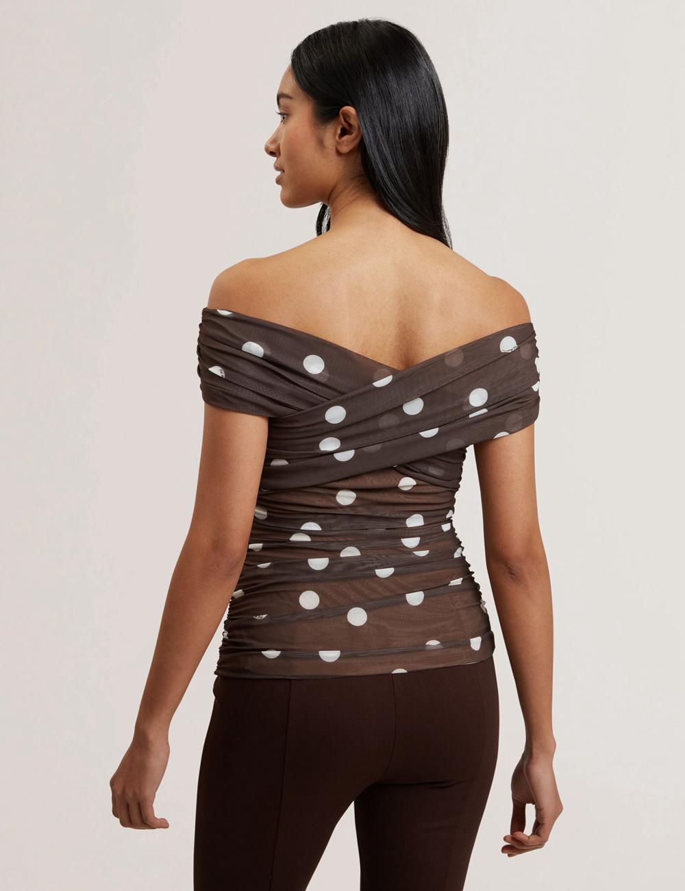 Dk-Brown Ted Baker ZAAMO - Off-the-Shoulder Polka Dot Mesh Women Tops | SG  1869-NCTKF