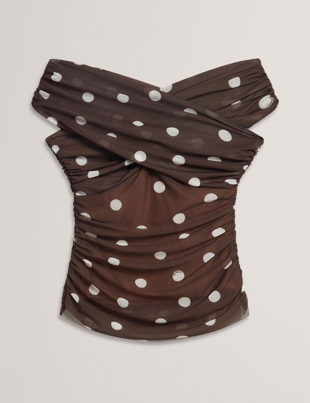 Dk-Brown Ted Baker ZAAMO - Off-the-Shoulder Polka Dot Mesh Women Tops | SG  1869-NCTKF
